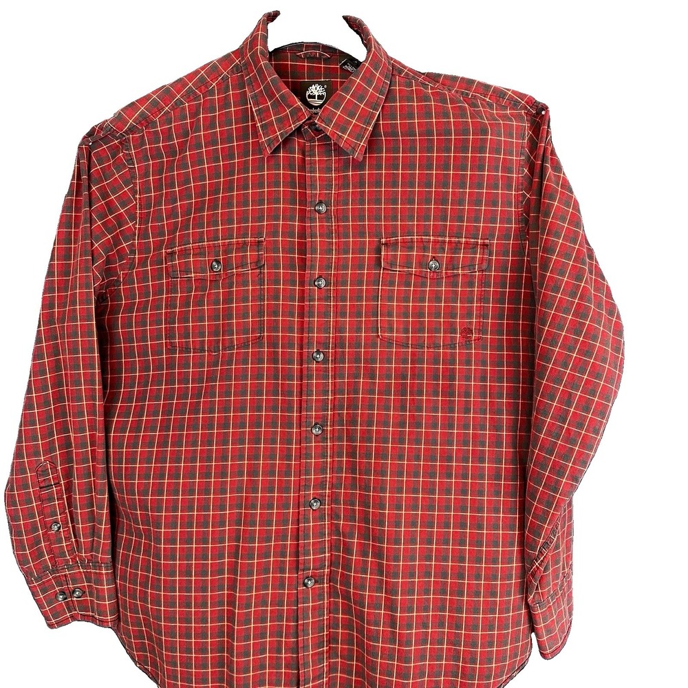 Timberland Plaid Red Blue Woven Cotton Button Up Shirt Pockets Logo Men L